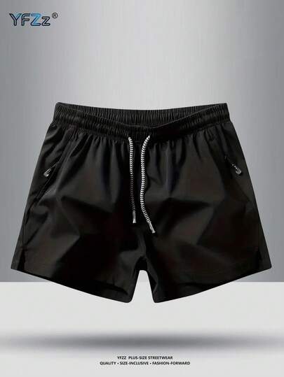 Quần short nam cỡ lớn mùa hè dáng rộng, màu trơn, có túi khóa kéo bên hông, chất liệu mềm mại, thoáng khí, thoải mái, thích hợp cho hoạt động ngoài trời, có dây rút điều chỉnh eo.