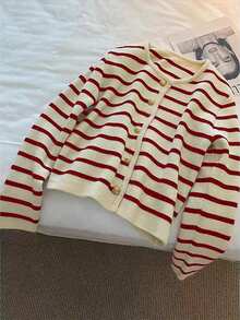 Elegant Striped Crew Neck Knit Cardigan, Versatile Fashion Casual Sweater, Retro Commuter Jacket For Women, Autumn - Red - View 7