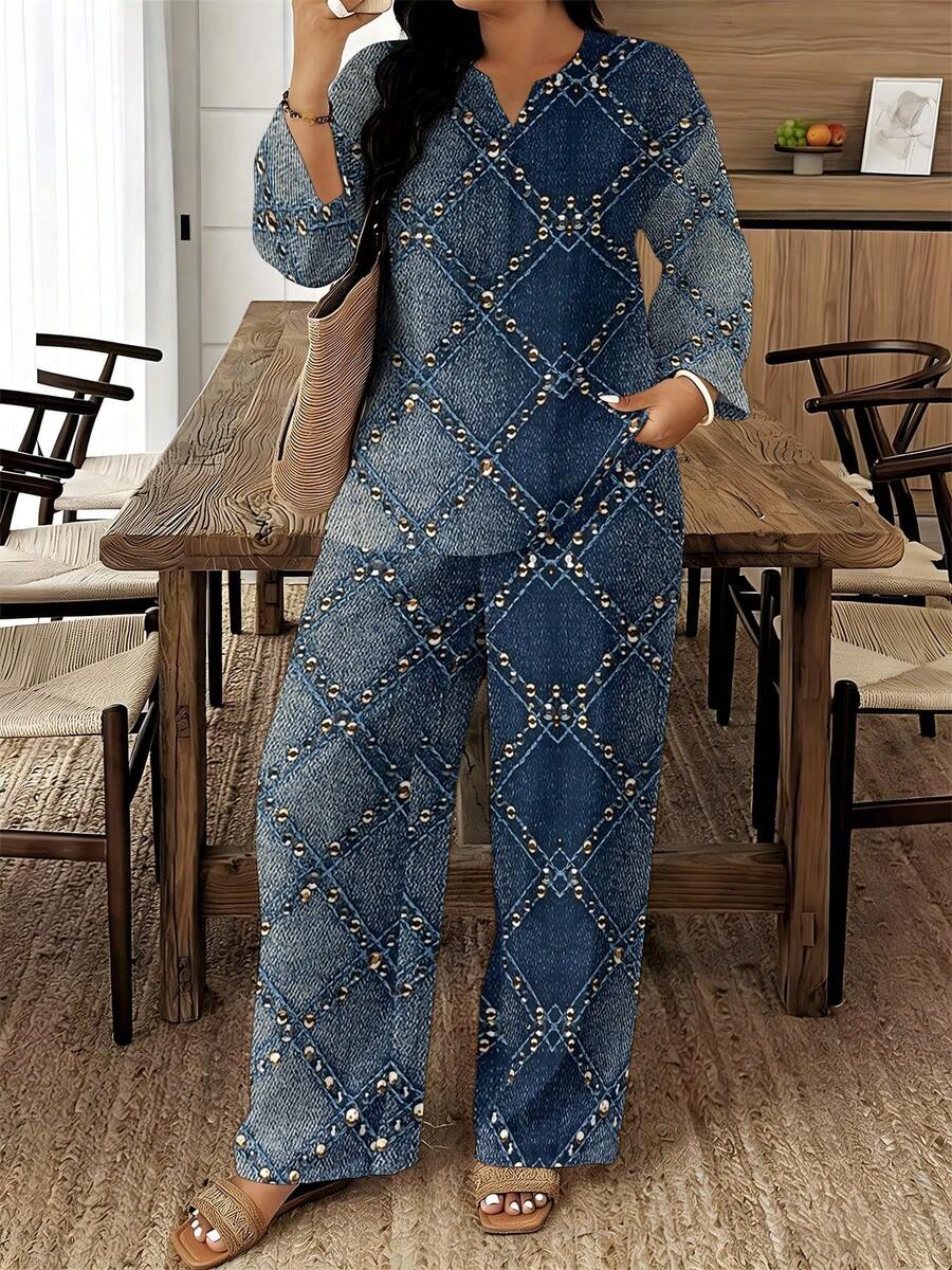 Plus Size V-Neck Half Sleeve Top & Wide Leg Pants Two-Piece Set For Mature Women, Denim Blue Rivet Grid Print, Loose Breathable Outfit, Comfortable Versatile Wear For Spring/Summer Travel & Home - 彩色 - 查看 1