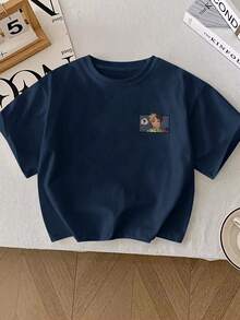 Young BoyCasual Yongboy Cartoon Print Round Neck Summer T-Shirt - Navy Blue - View 2