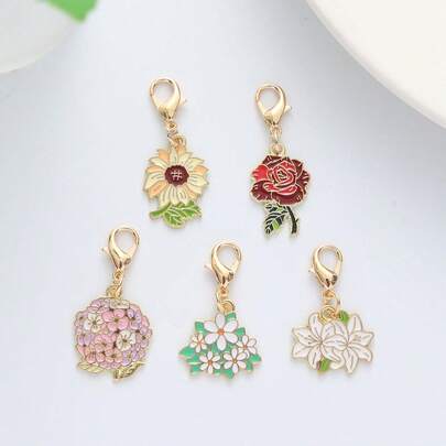 5PCS Alloy Mini Cute Rose Sunflower Lily Pendants DIY Accessories Earrings Necklace Charm Bag Keychain Valentine's Day Gift