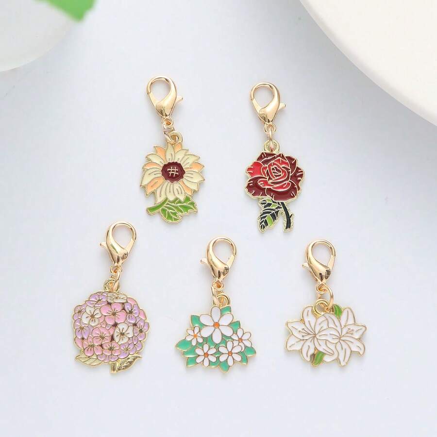 5PCS Alloy Mini Cute Rose Sunflower Lily Pendants DIY Accessories Earrings Necklace Charm Bag Keychain Valentine's Day Gift - Multicolor - View 1
