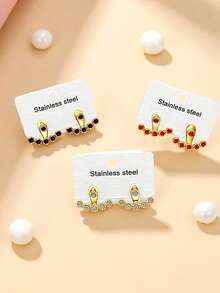 3 pares de pendientes con forma de abanico de acero inoxidable con rhinestones, pendientes ajustables de personalidad de diseño minimalista y de lujo versátiles para mujeres, con uso delantero y trasero desmontable - Multicolor - Ver 9