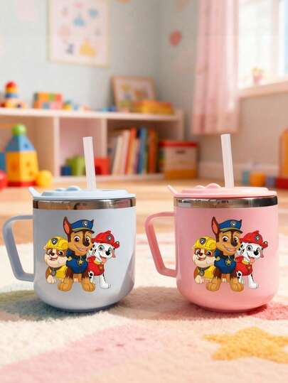 Paw Patrol 1pc  270ml Stainless Steel Insulated Coffee Mug (With Silicone Straw), With Handle And Lid - Cute Pattern Durable Insulated Water Bottle, Suitable For Office Or Outdoor School Use, Office Coffee Cup | Fun Design | Durable Water Bottle, Suitable As A Gift For Family, Friends, And Students For Christmas, Halloween, Thanksgiving, Graduation