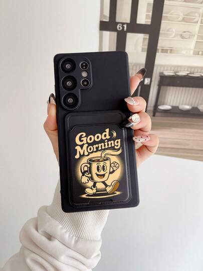 1pc Black TPU Solid Color Shockproof Phone Case And 1pc Black Cartoon Coffee Person Illustration Pattern Sticker Card Holder 2-In-1 Fashionable Versatile Creative Full Coverage Phone Case, Suitable As Birthday, Holiday, Anniversary Gift For Girlfriend/Boyfriend, Best Friend, Spouse, Family, Coworker, Student, Teacher, Compatible With IPhone