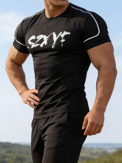 Men's Quick-Dry T-Shirt, Letter Print Short Sleeve With White Trim, Sports & Fitness Casual Half Sleeve Black