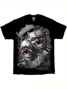 D Gonzales DGA T-Shirt Featuring Chicano Art With A Lowrider And The Phrase 'Smile Now Cry Later' Depicted On A Drama Mask - Black - View 1
