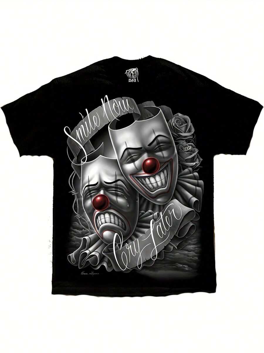 D Gonzales DGA T-Shirt Featuring Chicano Art With A Lowrider And The Phrase 'Smile Now Cry Later' Depicted On A Drama Mask - Black - View 1