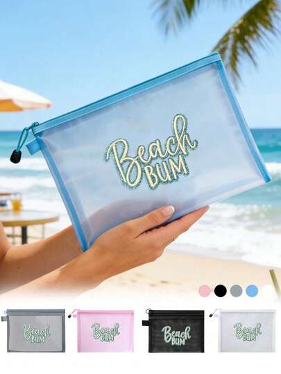 1pc Mesh Cosmetic Bag With "BEACH BUM" Towel Embroidery Patches,Portable Storage Bag,Summer Beach Bag,Zippered Cosmetic Bag,Skincare Bag,Portable Storage For Vacations And Travel, Summery Theme, Refreshing And Fun Patterns, Travel Essentials, Dormitory Supplies, Bathroom Storage,Lip Oil And Cosmetics Storage Bag,Travel Enthusiasts,Must-Have For Vacations,Wedding Bride Gifts, Party Gifts,Birthday Gifts,Back To School Gift,Travel Gifts