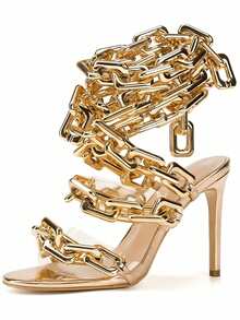 Women's Ankle Leg Lace Up Gold Link Chain Clear PVC Strappy Stiletto Round Toe High Heeled Sandals Party Wedding PVC Glass Wedding - Vàng - Xem 1