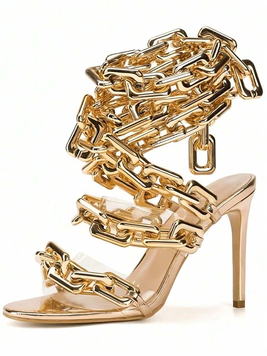 Women's Ankle Leg Lace Up Gold Link Chain Clear PVC Strappy Stiletto Round Toe High Heeled Sandals Party Wedding PVC Glass Wedding - Vàng - Xem 1