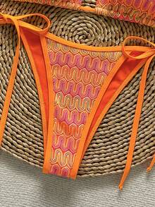 Women's Unique Textured Fabric Bikini Two Pieces Swimsuit, Cute Spaghetti Strap Backless Design Vacation Beach - Orange - View 5