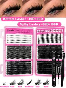 Hinarin 705pcs 4 Types Mixed D-Curl Cluster Lashes Large Capacity Mixed Bottom Lashes + Spiky Lashes + 40D/60D/80D/100D Fluffy Individual Lashes DIY Home Use Lash Extension Set For Volume And Length, Includes Makeup Tools - Black - View 2