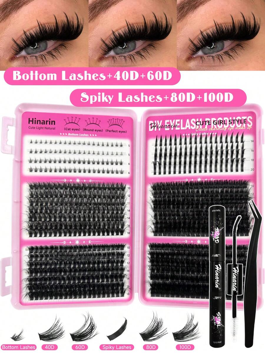 Hinarin 705pcs 4 Types Mixed D-Curl Cluster Lashes Large Capacity Mixed Bottom Lashes + Spiky Lashes + 40D/60D/80D/100D Fluffy Individual Lashes DIY Home Use Lash Extension Set For Volume And Length, Includes Makeup Tools