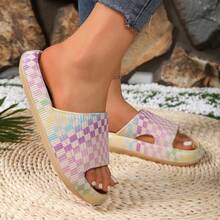 New Summer Fresh Gradient Checkerboard Print Platform Slides | Girlish Casual Non-Slip Sandals | EVA Lightweight Outdoor Beach Shoes | Multi-Color Versatile Women's & Men's Slides & Couple Slides - 卡其色 - 查看 6