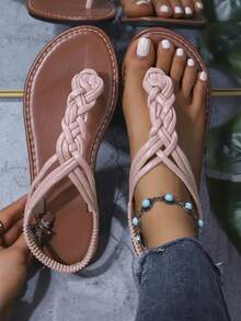 女士手工编织人字拖平底凉鞋，优雅、休闲、波西米亚风、性感、可爱，PU皮革编织女士平底凉鞋，夏季度假款 - 粉色 - 查看 1