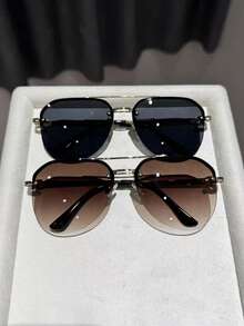 2副女士飞行员眼镜框，高级感十足，独特的双梁设计，金属镜框，西部复古百搭时尚眼镜组合，适合驾驶、西部派对、商务装饰等场合。 - 2pcs 金灰金雙茶 - 查看 5