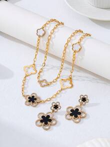 优雅时尚油滴黑色五瓣花项链耳环首饰套装，女士礼物 - 黑色 - 查看 2