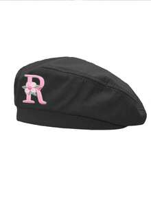 1 chiếc mũ beret nữ màu trơn, trang trí 26 chữ cái bằng ngọc trai, mũ thời trang thường ngày thanh lịch kiểu retro có thể điều chỉnh, quà tặng phong cách đường phố tối giản - màu đen - Xem 8