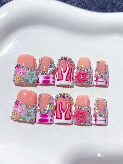 10pcs Y2K Duck Mouth Shaped Handmade Nail Art Stickers, French Style, Flame Pattern, Colorful Stars And Diamond Ice Cream Decor; DIY Nail Stickers, Acrylic Fake Nails For Nail Art; Suitable For Holidays, Parties, Daily Wear; Includes 1pc Jelly Gel And 1pc Mini Nail File