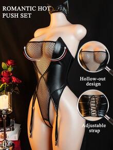 性感内衣，女士连体衣，镂空系带连体衣，发带+连体衣，露背开裆连体衣 - 黑色 - 查看 2
