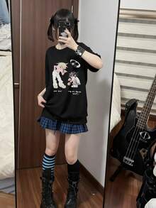 2026 Summer New Women's Round Neck Casual Loose Anime Style Graphic Print Y2K Aesthetic Short Sleeve T-Shirt - Black - View 1