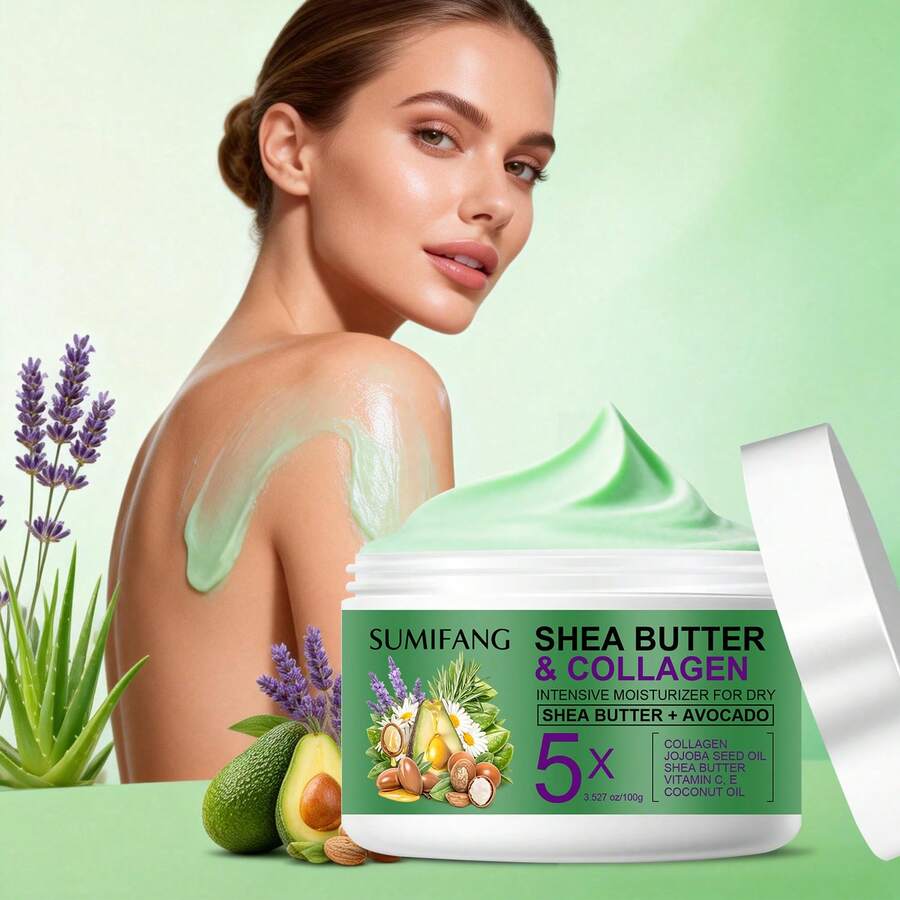 SUMIFANG 100克乳木果胶原蛋白保湿霜，蕴含牛油果油、霍霍巴籽油和椰子油，深层滋养，软化干燥肌肤，形成锁水保护膜，增强肌肤屏障功能，改善弹性和细纹，持久保湿。 - 乳木果油 - 查看 1