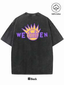 Men's 'WEEN' Pattern Pink Retro Sun Burst Design, Soft Washed Cotton, Round Neck Short Sleeve Summer Casual Streetwear, Machine Washable Unisex Vintage Washed Cotton Short Sleeve T-Shirt,Vintage Washed Tee,Gender Neutral Faded Easter Egg Graphic Crew Neck Tee - 黑色 - 查看 2