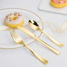 150/50/25/12pcs Gold Cutlery Set, Salad Forks & Spoons, Pasta Spoons, Steak Knives & Forks, Dessert Spoons & Forks, Full Tableware Set, Easy To Clean And Reusable, Suitable For Home, Restaurant, Wedding, Outdoor, Birthday, Party, Holiday Gatherings (Multiple Specifications Available For Any Number Of Diners) - View 9