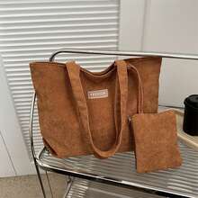 2pcs/Set Large Capacity Corduroy Tote Bag Set, Light Gray/Pale Blue/Caramel Brown, Retro Vertical Stripe, Casual Shoulder Bag And Handbag, Open Top, Big Size, Multi-Pocket, Daily Commute, School, Shopping, Short Trip, Soft Durable Corduroy, Comes With Coin Purse, Fits 13-Inch Laptop, Korean Ins Style, All Season, Fashionable & Practical Women Tote Bag, Student, Office Worker - Multicolor - View 13