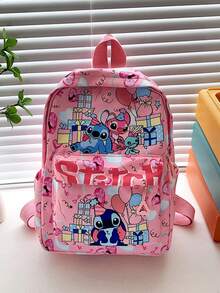 Stitch Pink Backpack - Multi-Pocket Backpack With Stitch And Angel Patterns - Fashionable Cartoon Print Adult Travel Backpack - Comfortable Shoulder Straps - Practical Daily Backpack - Multicolor - View 9