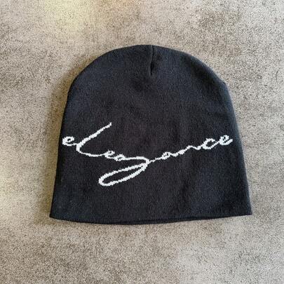 1pc Minimalist "Elegance" White Letter Knit Beanie Hat, Versatile Fashionable Item For Autumn/Winter