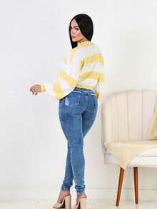 Women's Striped High Neck Knit Sweater, Winter Blouse - 黃色 - 查看 2