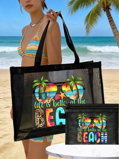 Large Capacity Mesh Bag Set,Women's Tote Bag,"Colorful Beach Fashion Glasses "Pattern Printed Mesh Bag,Mesh Beach Bag Tote Bag ,Mesh Cosmetic Storage Bag,Foldable Swim Large Capacity Beach Bag Waterproof Sandproof,Letter Decor Mesh Beach Tote Women Shoulder Handbag,Personalized Gift Bag, Makeup Bag,Holiday