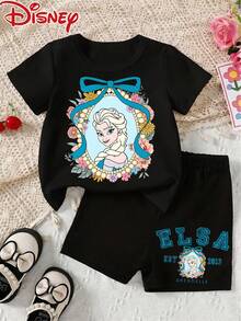 Baby's Short-Sleeved Shirt And Shorts Set, 2-Piece, Disney Elsa With Floral Frame Pattern Printed, White Upper Garment. Cute, Comfortable, Breathable, And Skin-Friendly For Children. Summer T-Shirt As A Base Layer For Pullover Shirts, Sportswear And Sports Suits,Ropa De Bebe Recien Nacido - Black - View 1