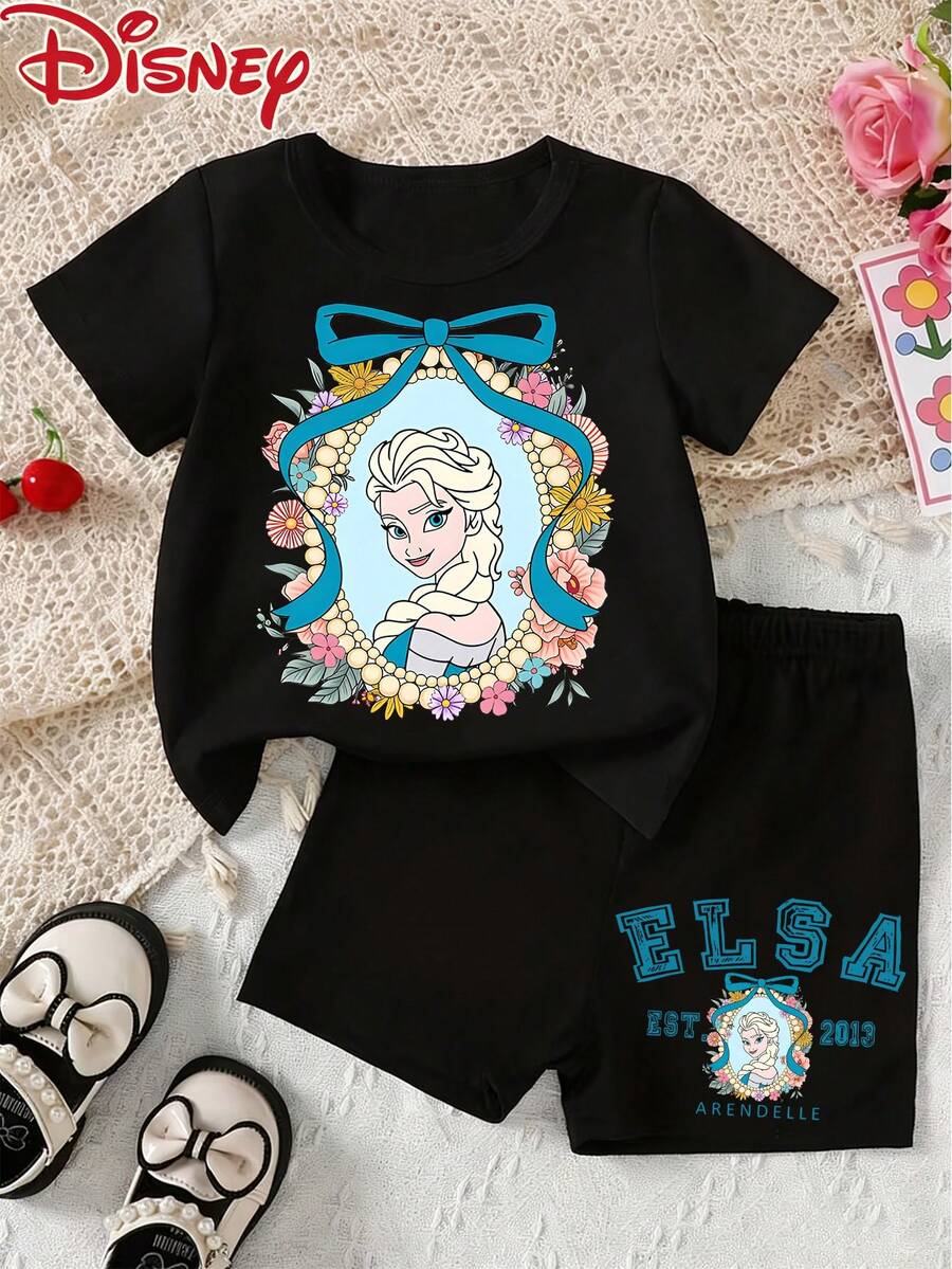 Baby's Short-Sleeved Shirt And Shorts Set, 2-Piece, Disney Elsa With Floral Frame Pattern Printed, White Upper Garment. Cute, Comfortable, Breathable, And Skin-Friendly For Children. Summer T-Shirt As A Base Layer For Pullover Shirts, Sportswear And Sports Suits,Ropa De Bebe Recien Nacido - Black - View 1