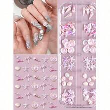 60pcs Summer Beach 3D Detailed Nail Art Decorations - Coconut Tree, Shell, Starfish, Pearl Shell, Fish Tail, Conch Designs, Beach Party, Aurora Purple Nail Stickers, Nail Art Supplies, Hypoallergenic, Convenient Storage Box Nails - Màu Hồng baby - Xem 4