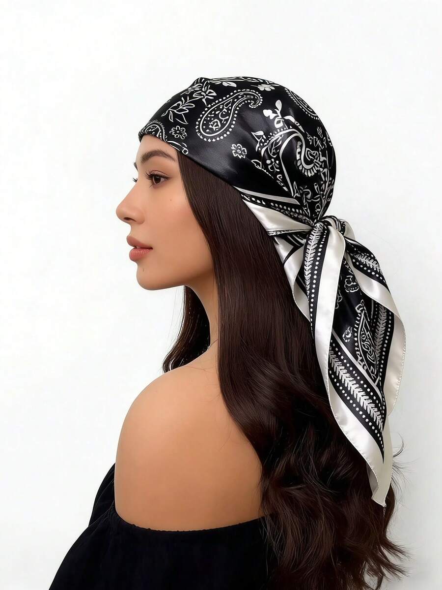 1条复古佩斯利花纹腰果印花真丝围巾，新款春夏领巾，休闲服饰配饰，简约时尚围巾 - 彩色 - 查看 1