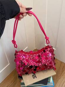 1 pieza Bolso de hombro con forma de media luna de PVC con lentejuelas color rosa rojo para mujer - Rosa Fucsia - Ver 4