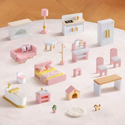 ROBUD Pink Dollhouse Furniture Set - Wooden Mini Living Room, Bedroom, Kitchen, And Bathroom Set, Compatible With Most Dollhouses, Children's Gift