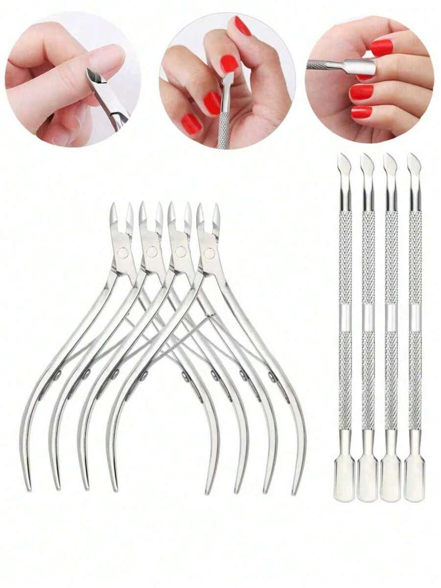 8件套美甲工具套装 - 指甲钳、角质层钳、带推杆的指甲剪 - 不锈钢指甲和脚趾甲修剪器 - 銀色 - 查看 1