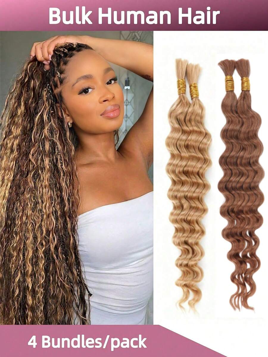 4 Bundles/Pack Human Braiding Hair For Boho Braids 45g/Pack Deep Wave Boho Hair For Braiding Knotless 12A Curly Bulk Bohemian Unprocessed Brazilian Virgin Hair Extensions Natural Color 16 Inch/20inch - 27#+30#(2 of each color) - 查看 1