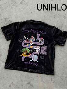 Disneyland Racetrack  Printed Summer Heavyweight Retro Washed Street Fashion Casual T-Shirt - Black - View 5