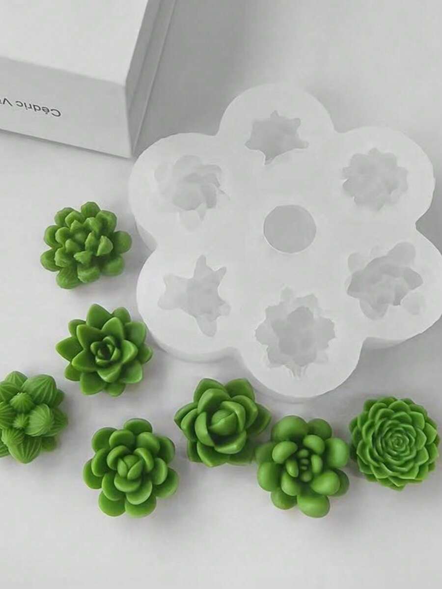 1pc 7-In-1 Succulent Floral Aroma Candle Silicone Mold DIY Plaster Flower Shaped Home Decor Silicone Mold - White - View 1