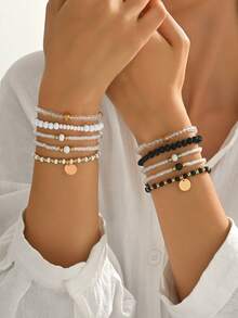 10pcs Bohemian Beaded Disc Pendant Bracelets Set, Suitable For Stacking, Great For Summer Beach, Casual Wear, Gifts For Family, Neighbors, Friends, Birthday, Holiday, Vacation - Black and White - View 9