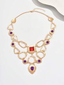 1 Stück übertriebene Farbblock geometrische Edelstein-Halskette, metallische asymmetrische Choker-Halskette, hochwertiges Abendkleid-Accessoire - Goldgelb + mehrfarbig - Übersicht 4