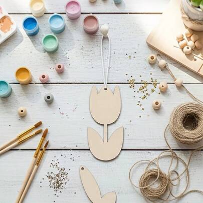 10 Pcs Set Of Floral Wooden Blank Hollowed-Out Tulip Wood Slices Crafts, Valentine's Day Holiday Hanging Ornaments, Craft Gift Tags Pendants For Home Party Festival Birthday Event Decoration Hanging Gifts