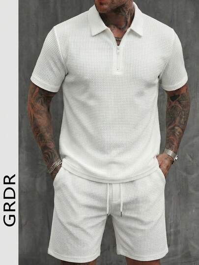 GRDR Set de 2 piezas de camisa tipo polo con textura de gofre y pantalones cortos para hombre, conjunto casual y cómodo de estilo minimalista