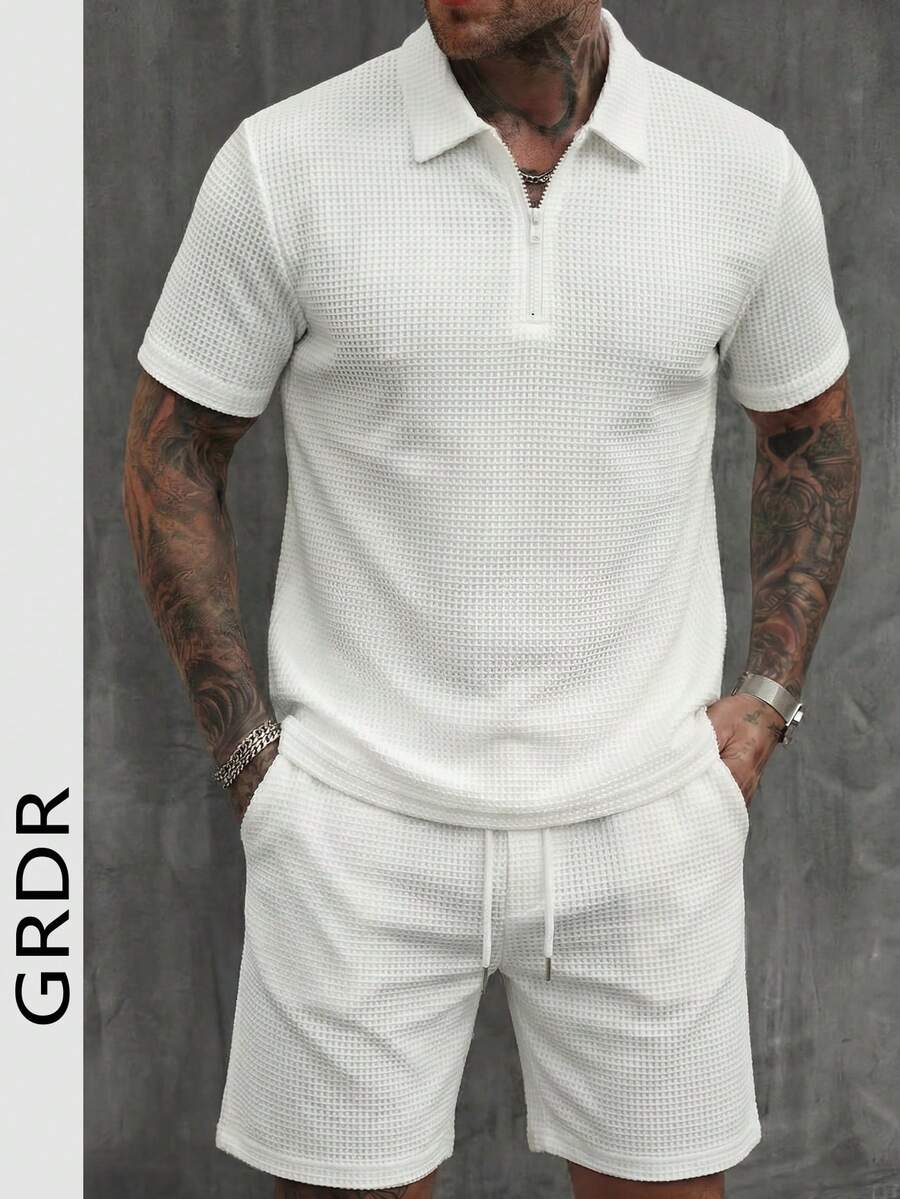 GRDR Set de 2 piezas de camisa tipo polo con textura de gofre y pantalones cortos para hombre, conjunto casual y cómodo de estilo minimalista - Blanco - Ver 1