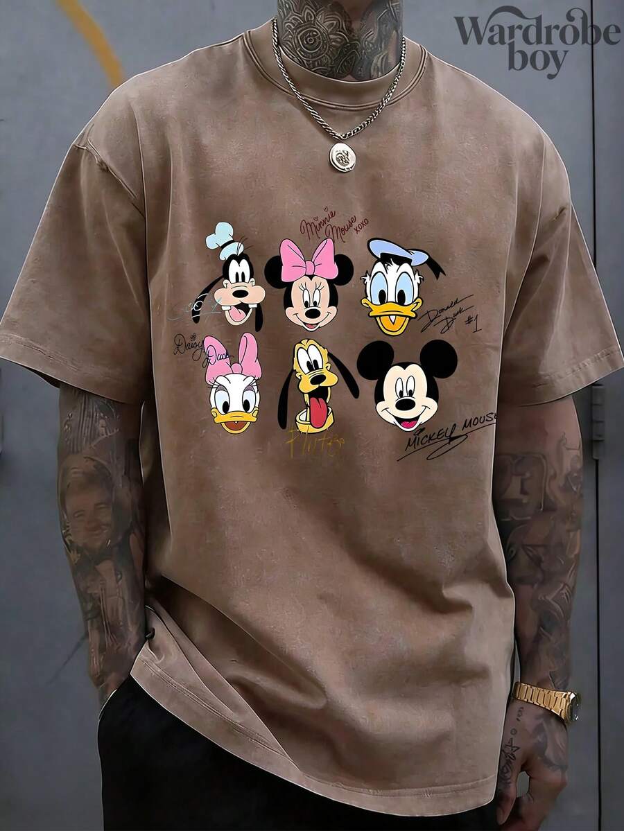 Disney Printed Wash Water T-Shirt,Disney Mickey And Friends Printed Pattern T-Shirt,Unisex,High-Quality Pure Cotton T-Shirt,Suitable For All Seasons, Comfortable And Breathable| Exquisite Design | The Best Choice For Giving Gifts - 卡其色 - 查看 1